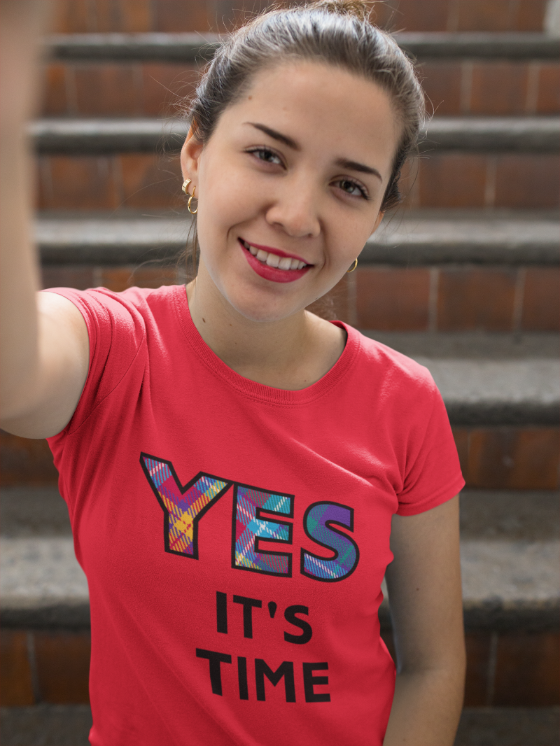 YES-TARTAN-selfie-mockup-of-a-girl-wearing-a-t-shirt-near-stairways-a16911